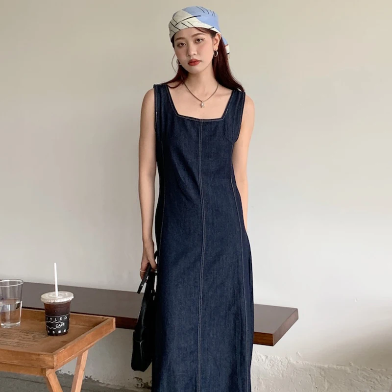 Retro Quadrat Kragen Slim Fit Weste Design Sommer Chic Denim Dr frauen Hohe Taille Langen Rock Sle Svel Koreanische faion