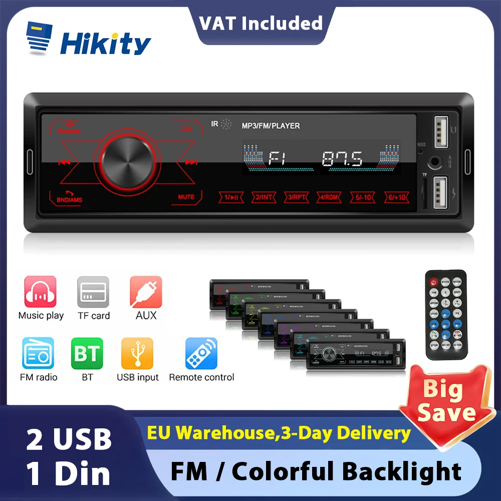 Hikity 1 Din Car Audio Stereo Digital in Dash MP3 Player with Bluetooth Dual USB/SD/AUX-in FM/AM Radio Receiver