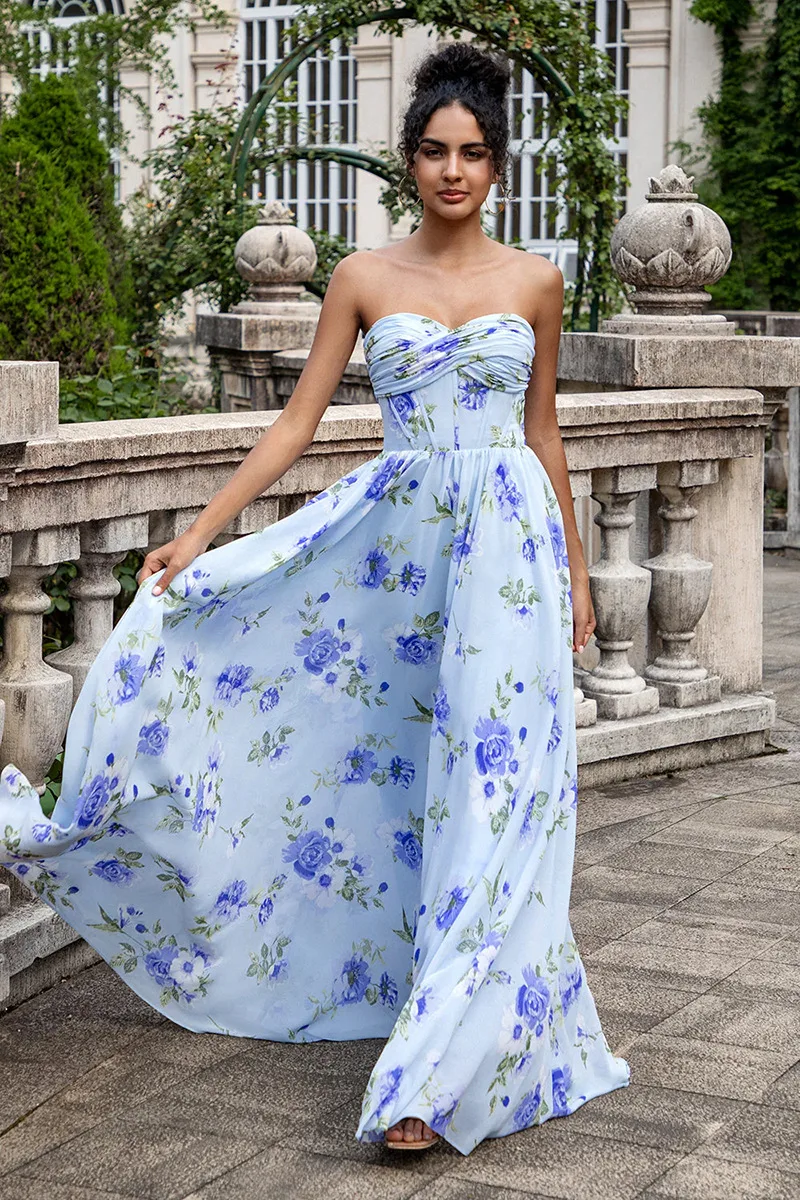

Printing Mesh Ruffle Edge Big Swing Dresses Spring Women Sleeveless Chest Hugging Dress Autumn High Waist Floor Length Dress