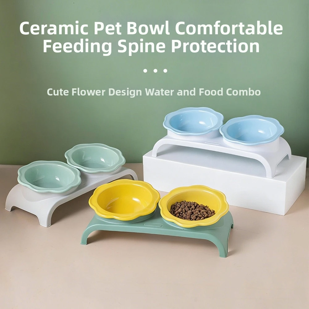 Non-Slip Ceramic Cat Double Bowls Flower Shaped Detachable Pet Food Feeder Anti-Flip Protect Cervical Spine
