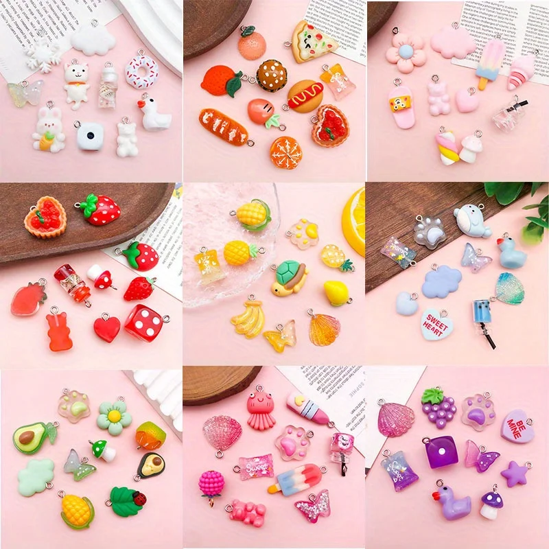 10Pcs 9 Colors Mixed Fruits Animals Food Resin Earring Charm DIY Jewelry Materials for Keychains Findings Bracelets Pendants