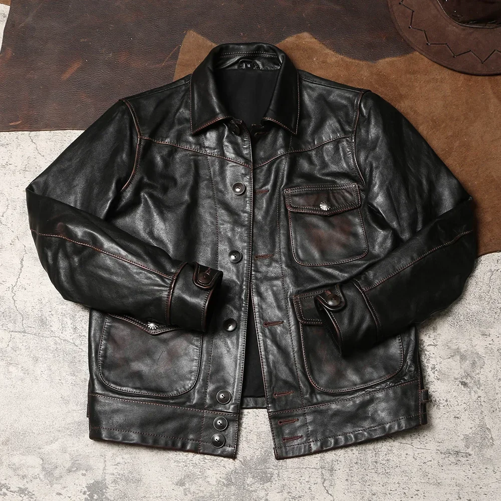 

Tailor Brando American Vintage Tea Core Horsehide Lapel Handmade Aged Short Slim Work Leather Jacket