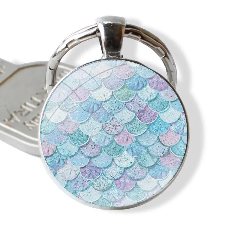 Keychain Handmade Glass Cabochon Key Ring Holder Pendant Key Chains Mermaid Fish Scale Pattern