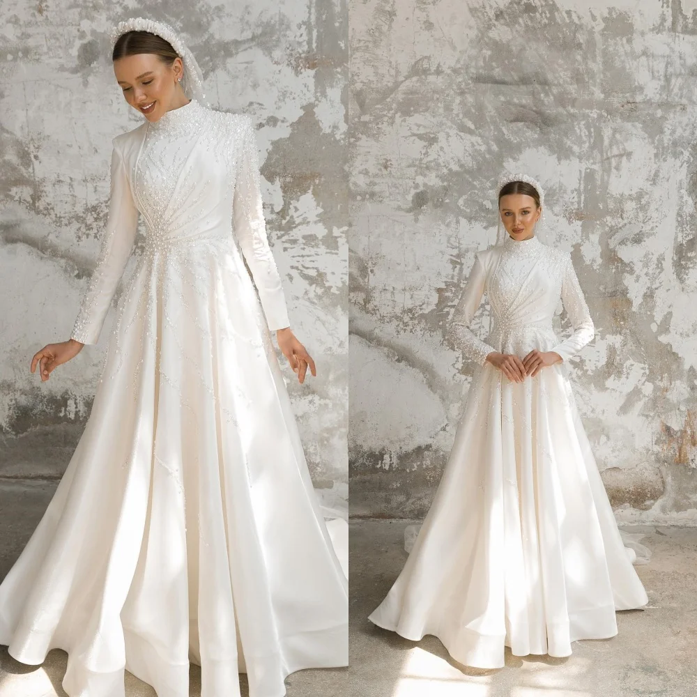 

Customized Elegant White Satin Wedding Dress Exquisite High Neckline Long Sleeves Chapel Train Sequined and Pearls Bridal Gowns