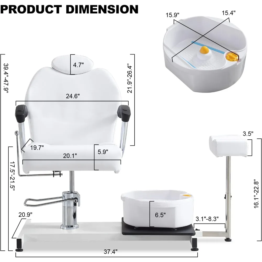 Reclining Hydraulic Height Adjustable 360 Swivel Portable Pedicure Station W/Stool, Footrest, Foot Basin, Adjustable Headrest