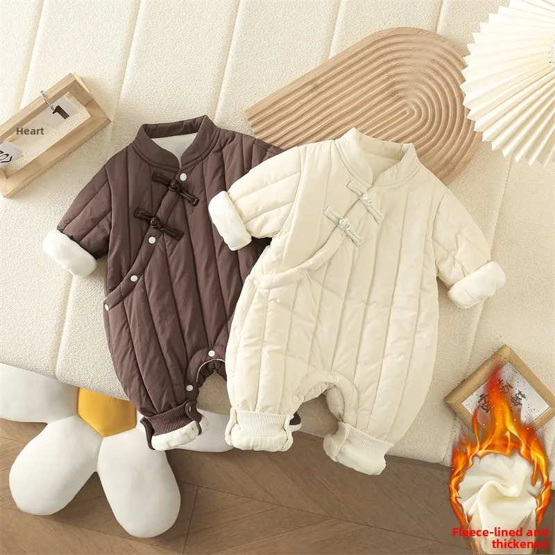 

Unisex Baby Winter Clothes Thin Cotton Fleece Lined Romper High Waist Long Pants Polyester Fiber 0-12 Months Infant Outfit