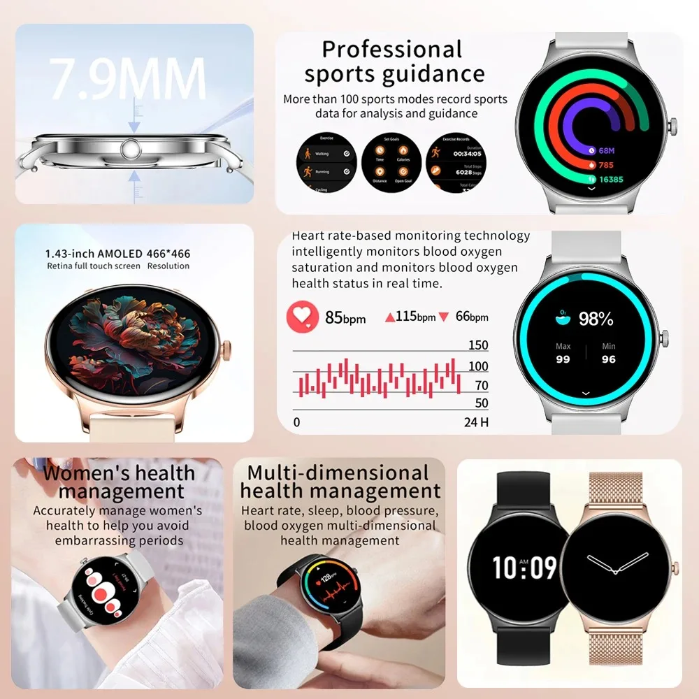 Dla Huawei Nowy Ultra Slim AMOLED Smart Watch Kobiety Ekran zawsze wyświetla czas Tętno BT Calling High-end Fashion Smartwatch