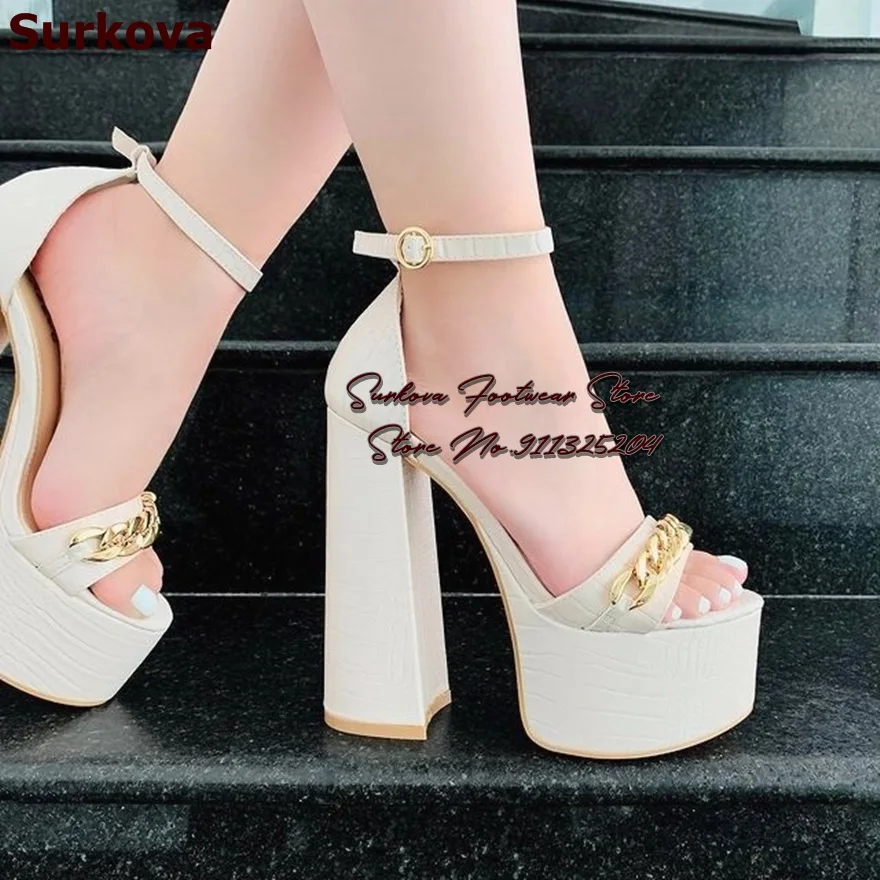 

Surkova Ivory Pink Crocodile Big Chunky Heel Sandals High Platform Gold Chain Strap Dress Pumps Buckle Evening Party Shoes