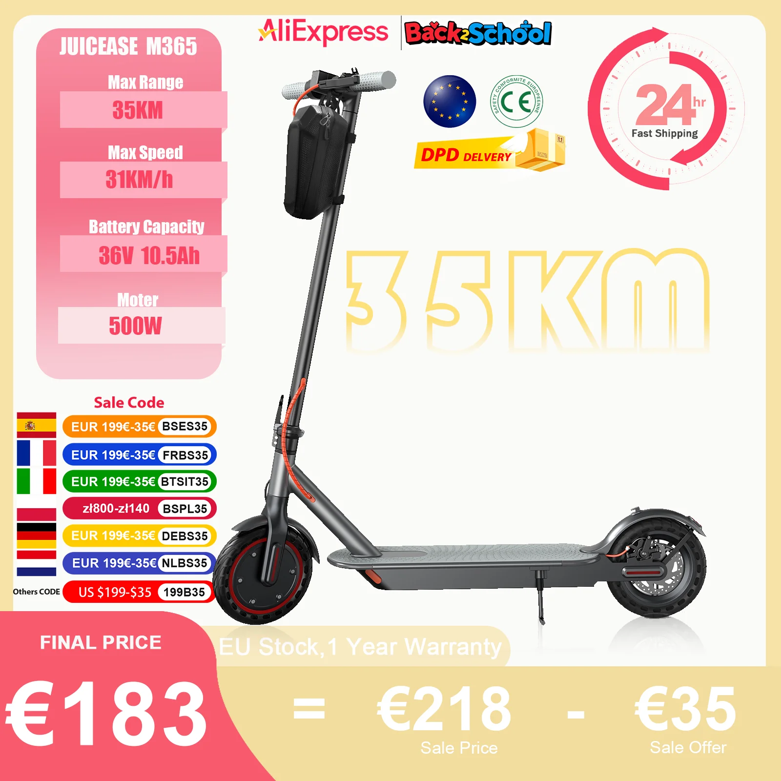 JUICEASE ES80 M365 Electric Scooter 35KM 31KM/H 350W 36V 10.5AH Long Battery 8.5Inch Tyres with Smart APP Foldable EScooter