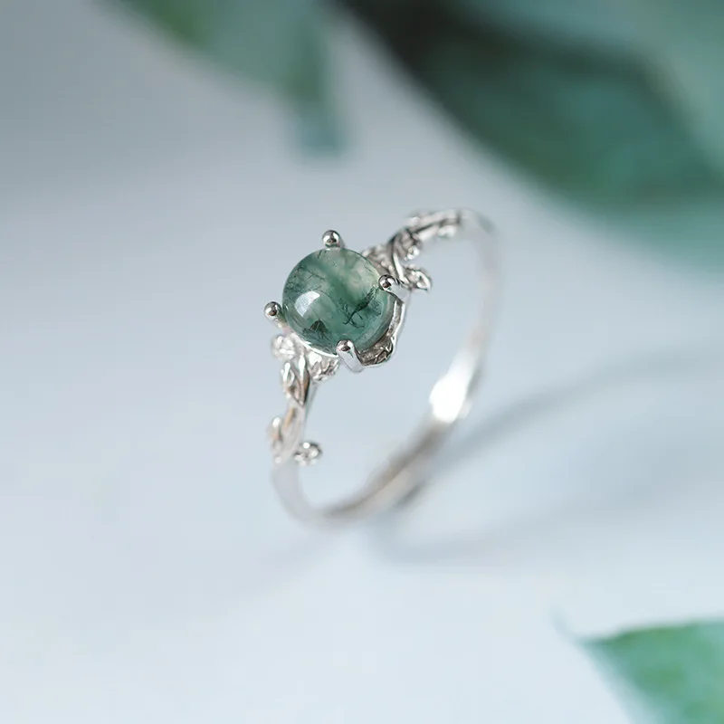 Unique  Natural Stone Texture Different Green Moss Grass Agate Vouple Ring For Women Sterling Silver Christmas Gift Jewelry