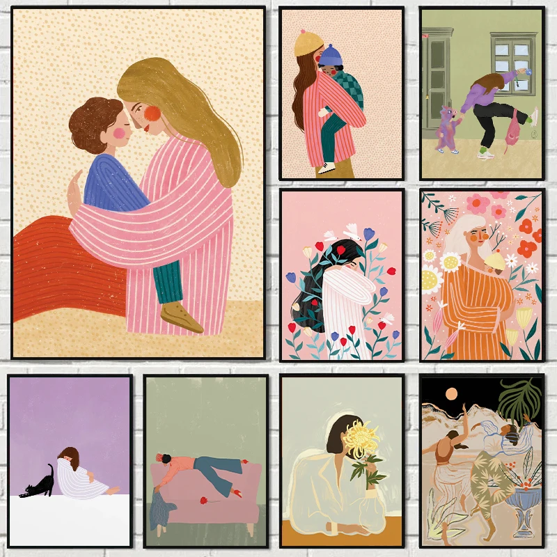 (1pc frameless)Abstract Mother Hold Her Son Illustration Canvas Print Mother's Day Feminist Wall Art Poster for Modern Nurser