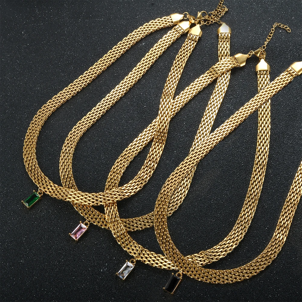 

ZMFashion Vintage Mesh Colorful Rectangle Zircon Pendan Choker Chain For Women Wide Flat Collar Necklaces Popular Jewelry Gift