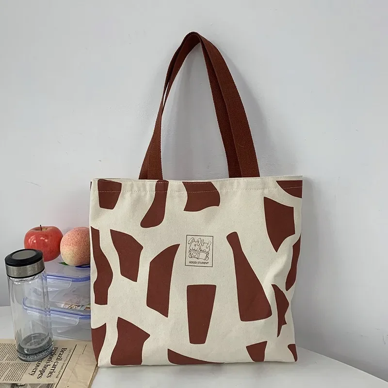 Bolsa de ombro de lona geométrica para mulheres, sacola literária com zíper, estudante universitária, estilo coreano, moda