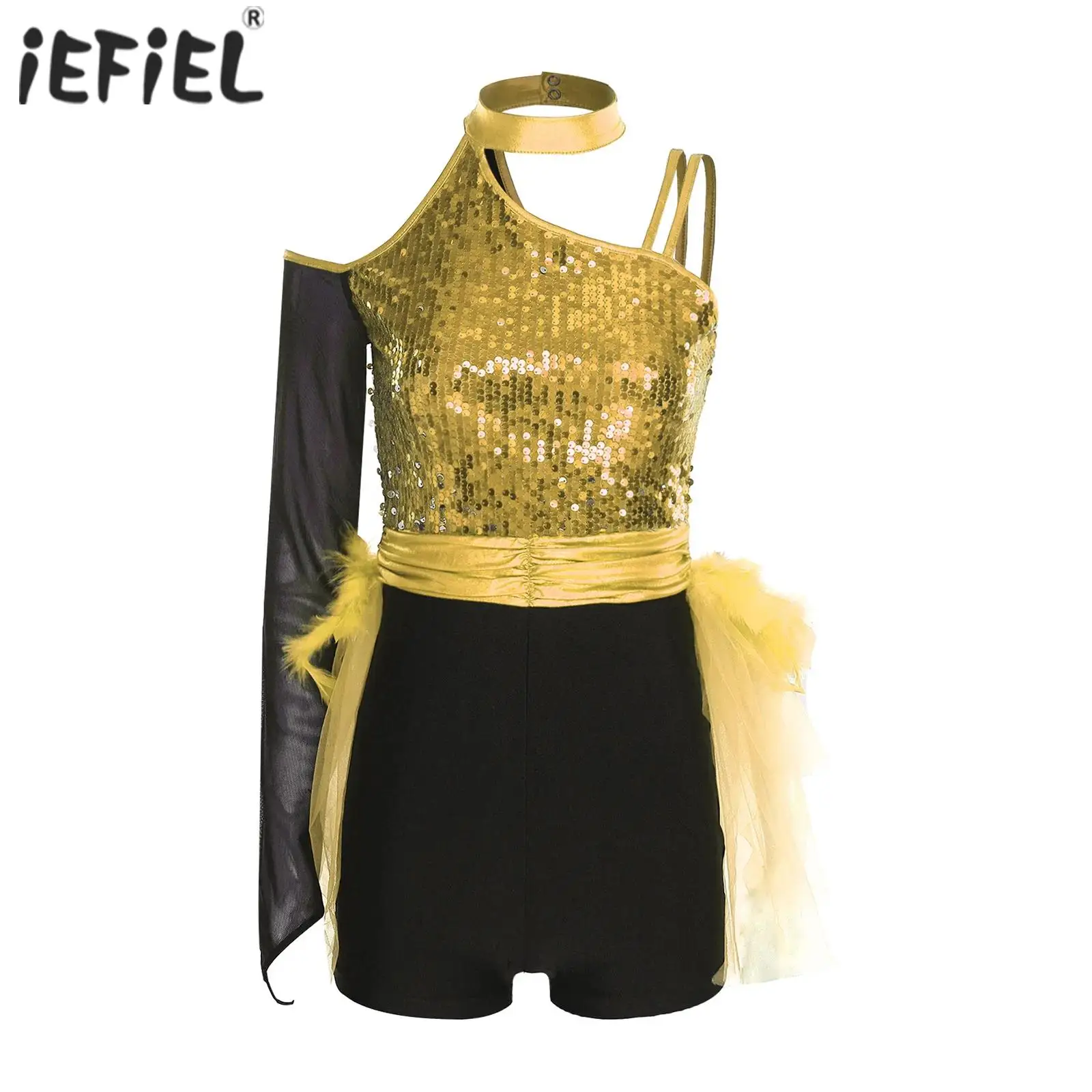 

Женский блестящий комбинезон из тюля с блестками и перьями и многоуровневым тюлем, испанский комбинезон для латинских танцев чача, нерегулярное боди с длинными рукавами и подолом, комбинезон