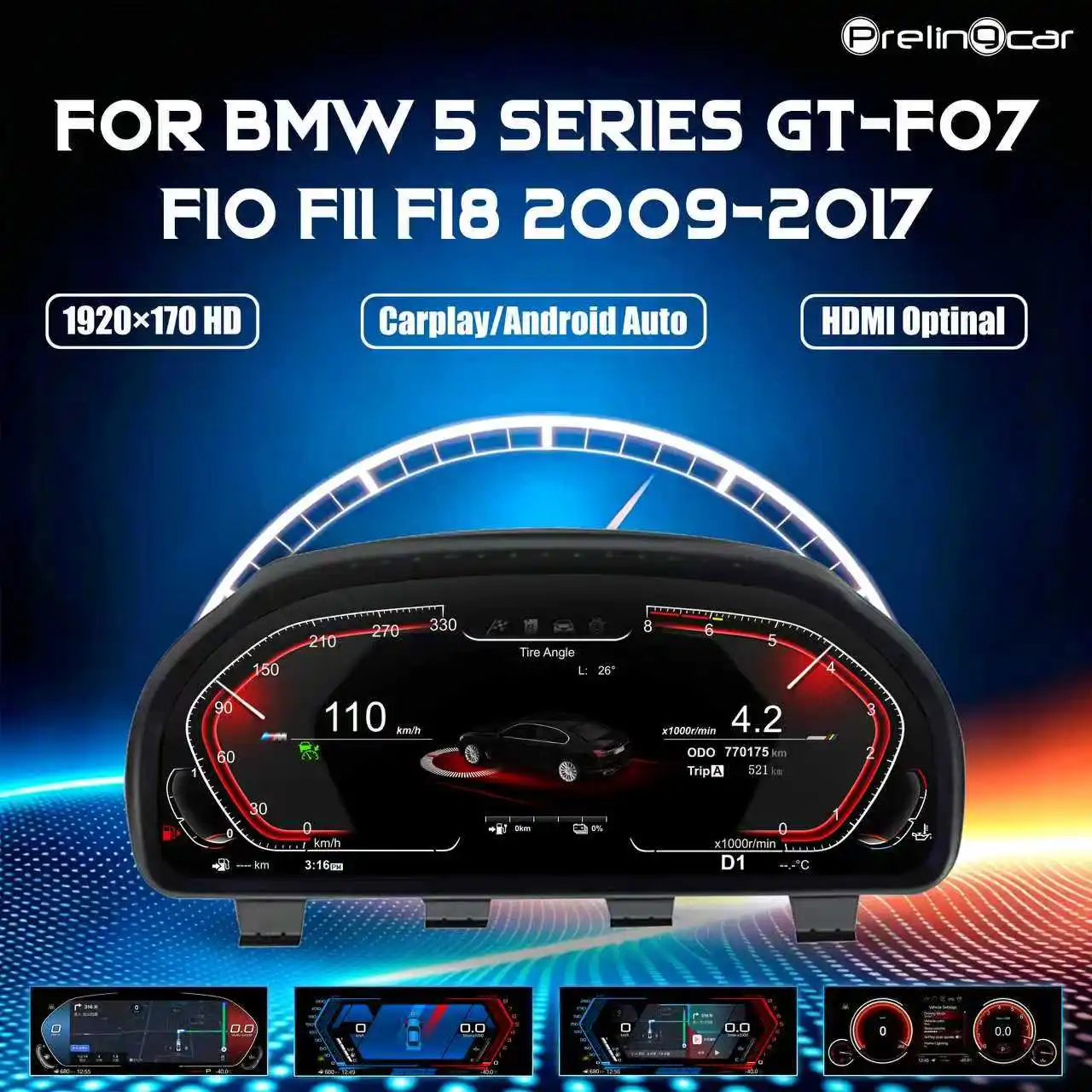 Cruscotto Digitale LCD per Auto BMW F10 F11 F18 F06 F12 F13 F01 F02 F03 Anni 2009-2017, Pannello Auto con Tachimetro e Funzione Carplay Wireless