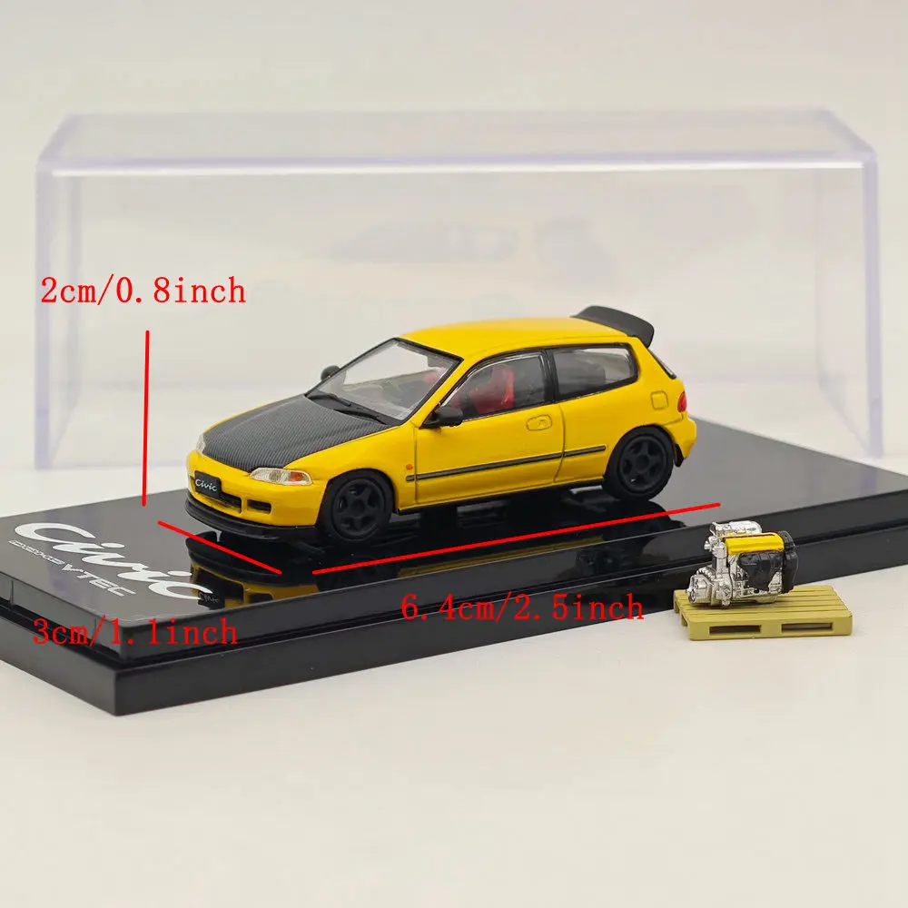 Hobby Japón 1/64 CIVIC (EG6) estilo JDM versión personalizada con modelo de pantalla de motor amarillo HJ 642017 AY Colección de coches fundidos a presión