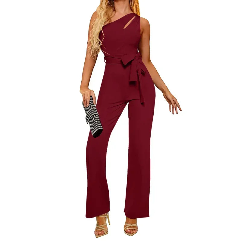 2022 New Elegant Slim Fit One Shoulder Asymmetric Solid Color Women's Bodysuit Sleeveless Hollow High Grade Women's Wear