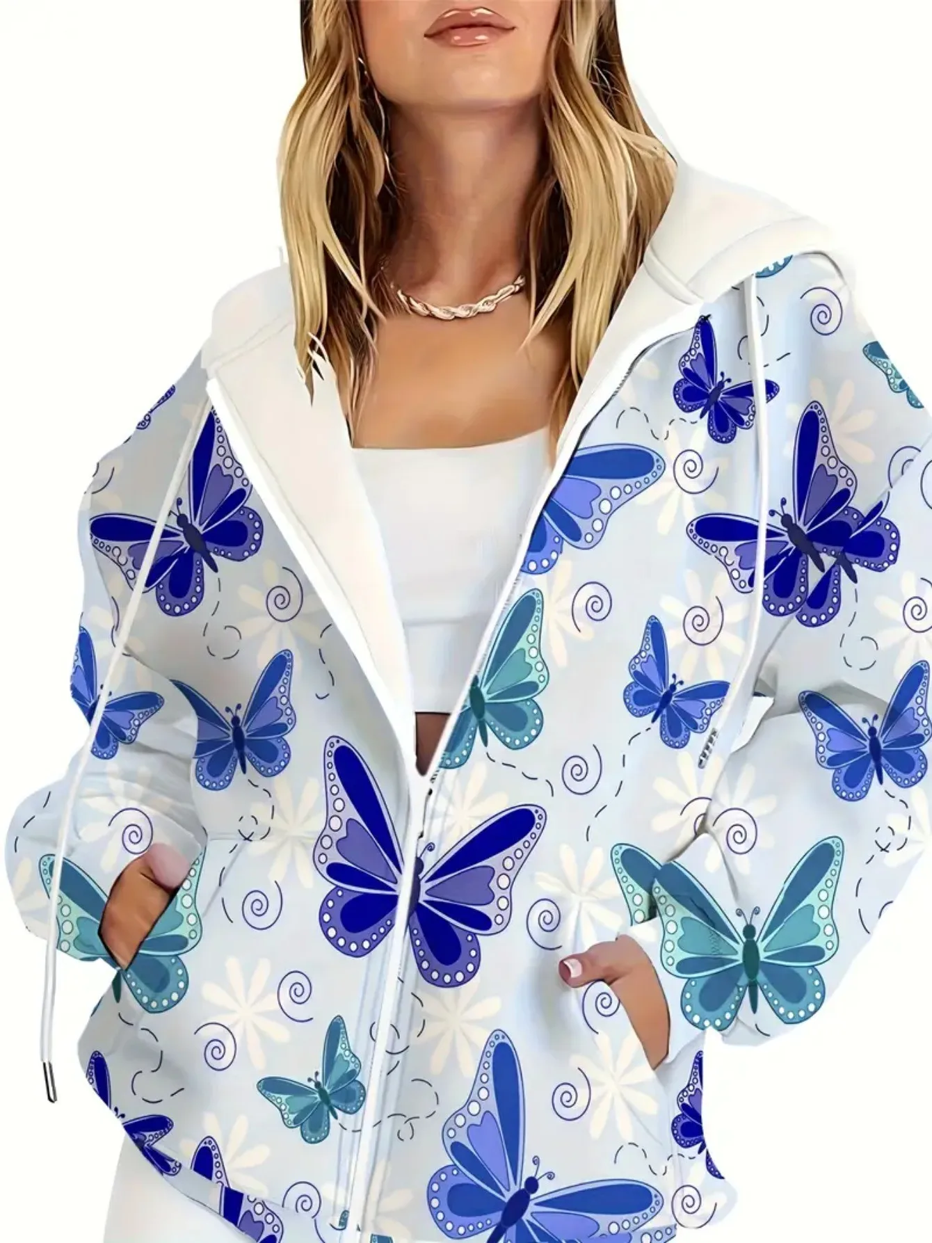 2026 autumn and winter new style women's zipper hooded sweater with 3D butterfly pattern printing casual and comfortable