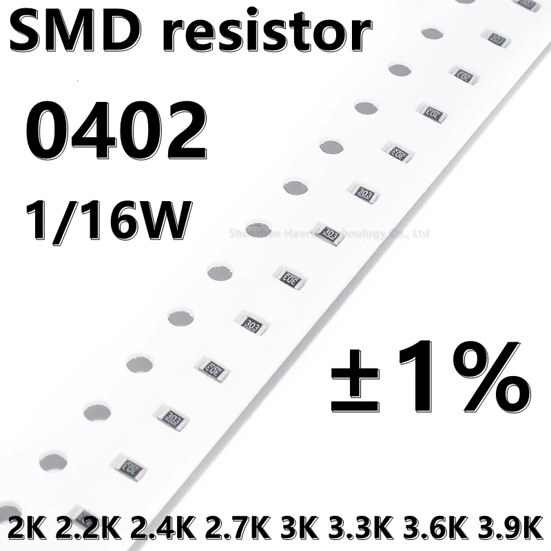 Resistor do smd 0402, 1%, 2k, 2,2 k, 2,4 k, 2,7 k, 3k, 3,3 k, 3,6 k, 3,9 k, 1/16w, 100pcs