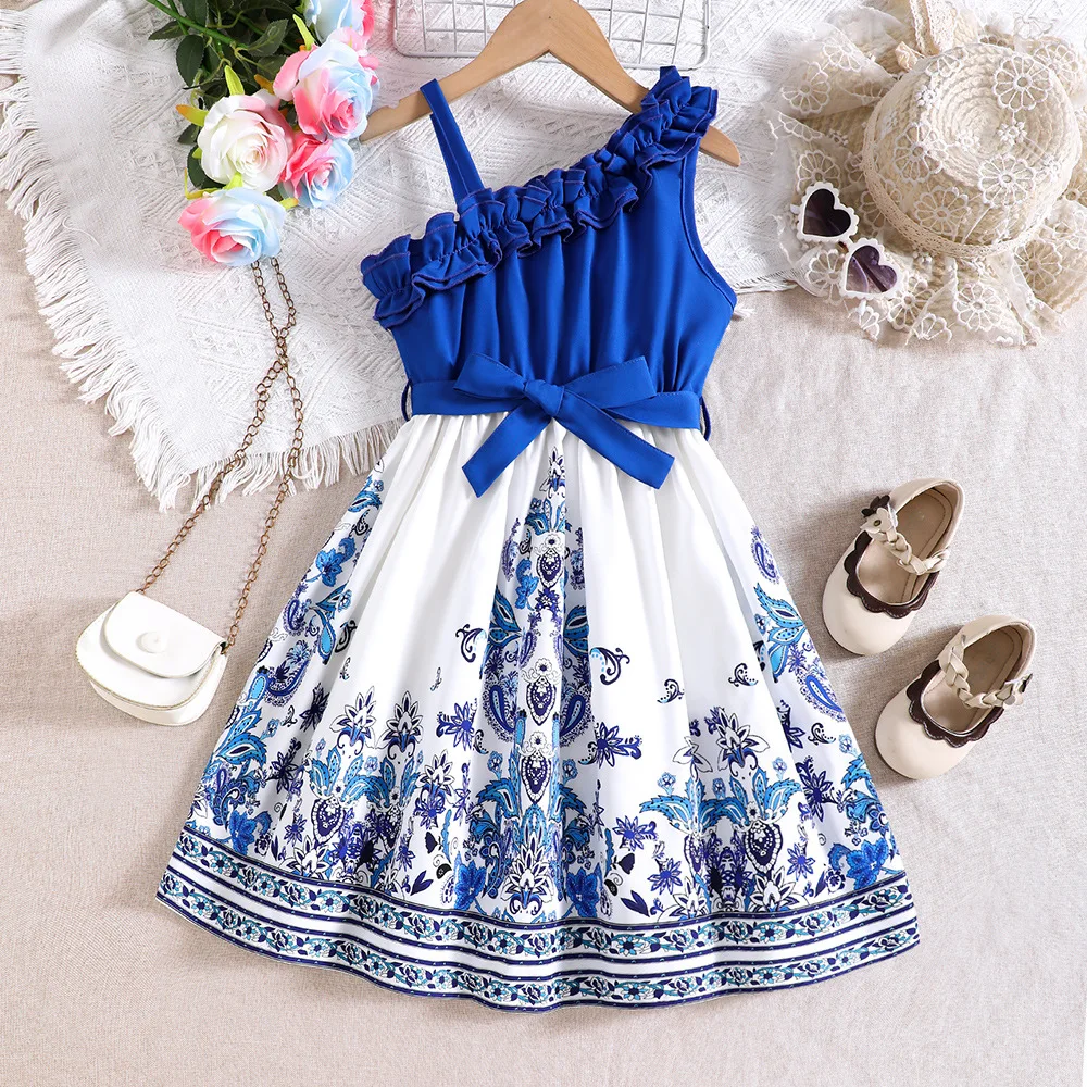 2025 New Arrival Girls Sleeveless Ruffles Sashes Print Floral Blue Night Party Princess Girls Dress Custume 2-7T