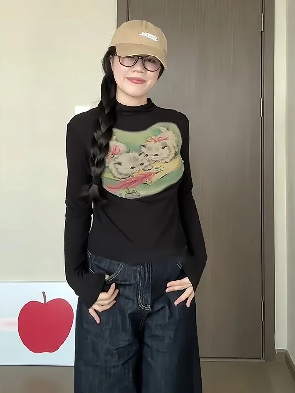 

Модный женский осенний топ-футболка оверсайз в американском ретро-стиле с принтом, базовая модель для ношения под одеждой, трендовый, больших размеров