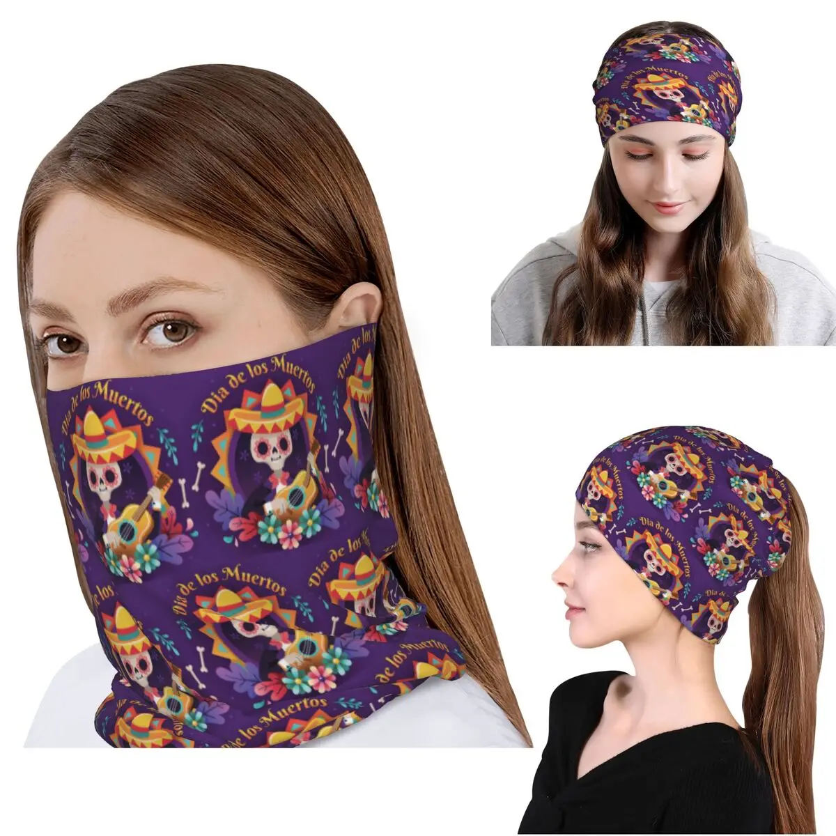 Mexican Sugar Skulls And Flowers Bandana Neck Cover Mask Scarf Warm Headband Beanies Hat Unisex Adult Breathable