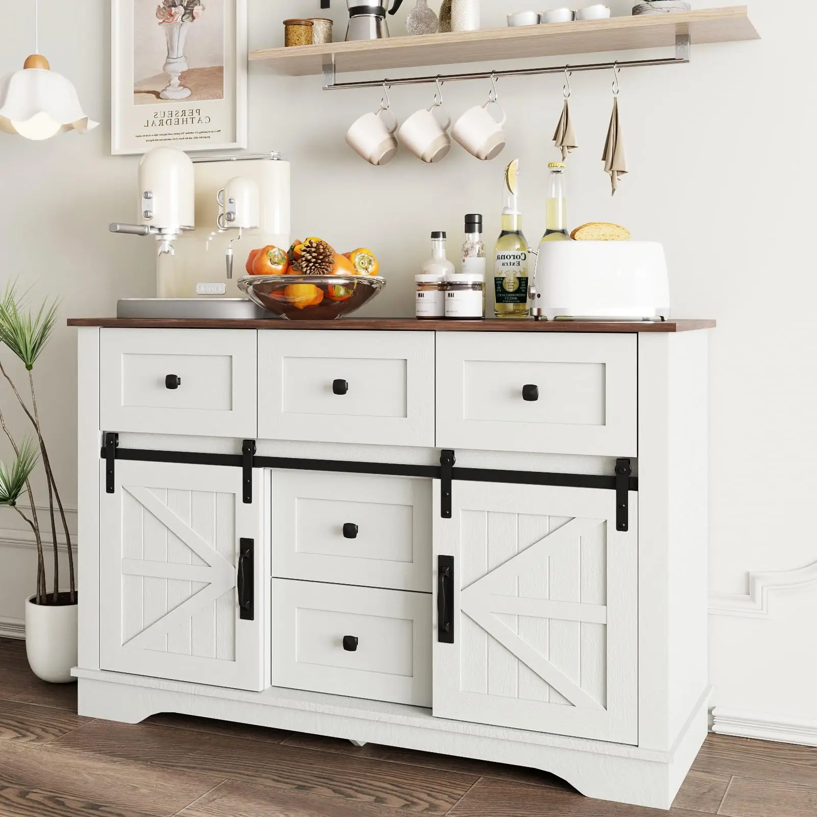 Vabches Sideboard Buffet Cabinet Kitchen Storage Cabinet with Sliding Doors & 5 Drawers Wood Coffee Bar Cabinet for Dining Room