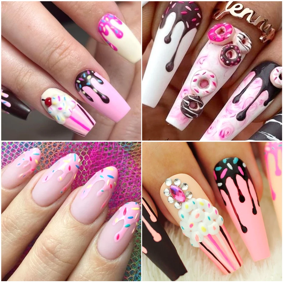 Adesivi per unghie gelato in rilievo 5D Simpatico cartone animato Ciambella Biscotto Torta Disegni Cibo estivo Nail Art Cursori adesivi Decalcomanie Decor