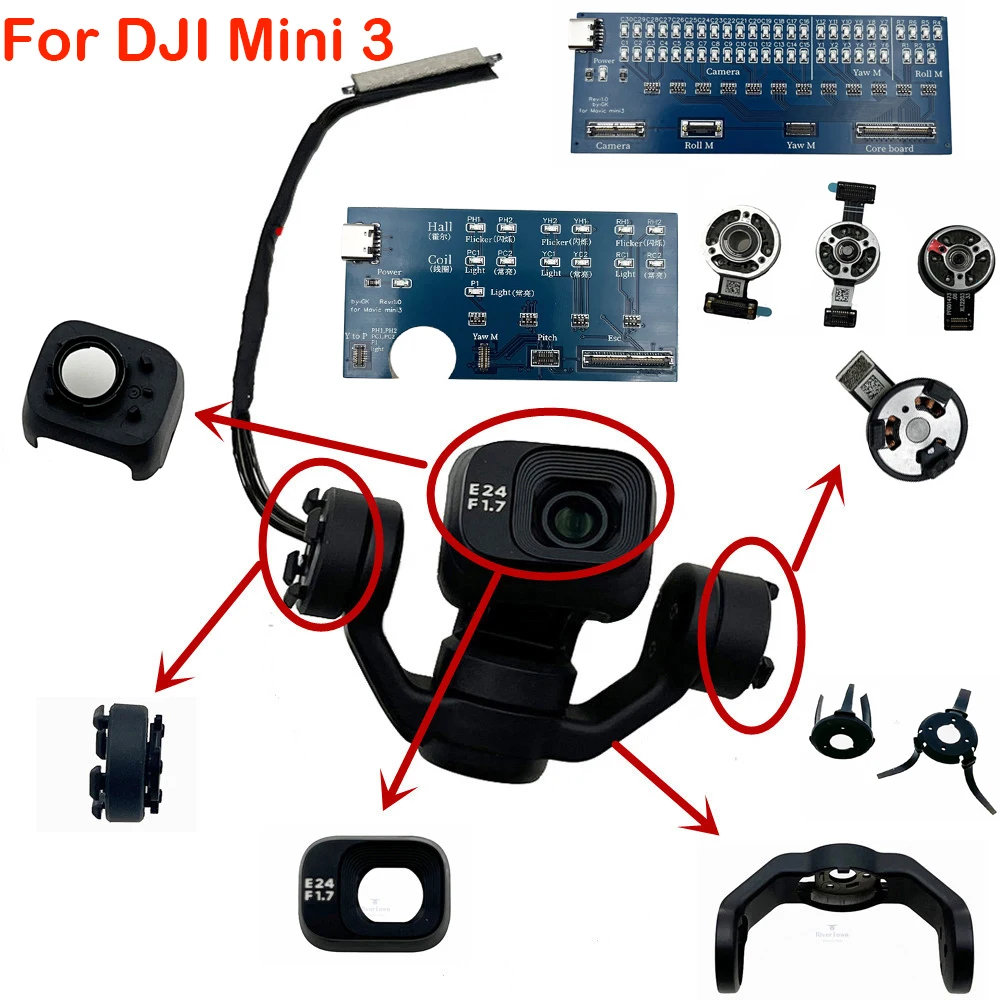 Original Gimbal Parts For DJI Mini 3 Camera Ptz Cable Gimbal Roll Arm Bracket Frame With Glass Yaw Motor Rubbers In Stock