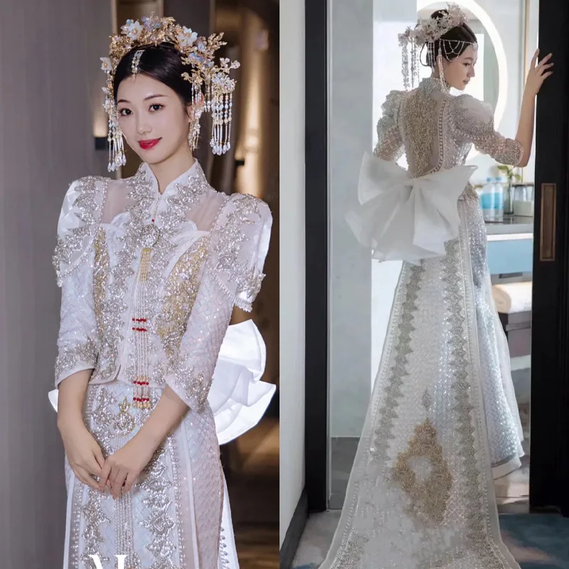 

Chinese White Long Tailing Wedding Dress Bride Toast Clothing Tang Suit Hanfu Formal Sequins Beading Tassels Qipao