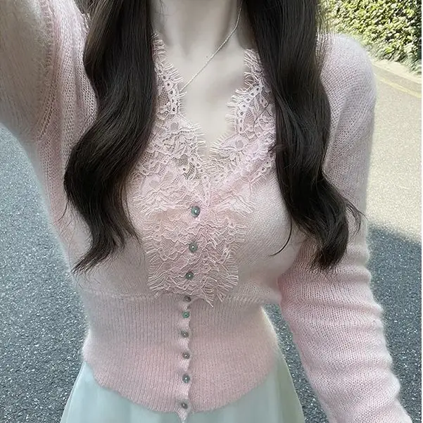 

Knitted Cardigan V-Neck Sweet Lace Women Slim Fit Early Autumn Thin Pullover Women Pink Cardigan Top