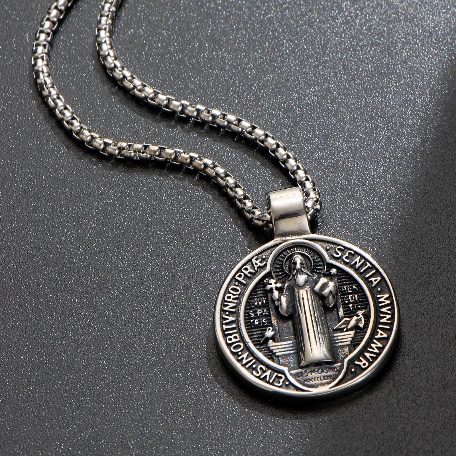 LNCHRAN Men 316L Stainless Steel Antique Saint Benedict Medal Round Pendant Necklace Box Chain Religious Vintage Jewelry Gift