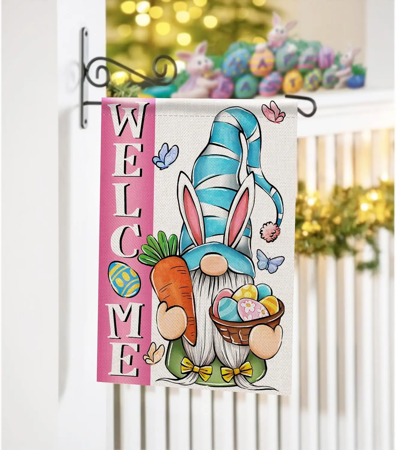 Welcome Easter Bunny Gnome Decorative Garden Flag, Rabbit Ears Eggs Carrot Butterfly Pink Blue Yard Outside Decorations, Out llz