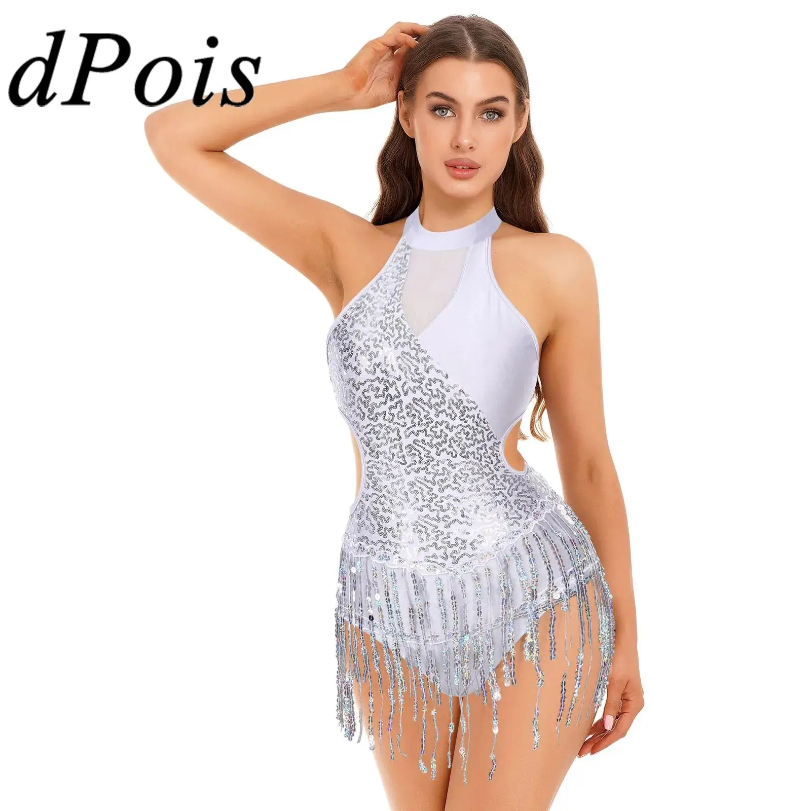 Women Fringed Latin Dance Costume Shiny Sequins Tassel Leotard Dresses for Dancing Chacha Samba Tango Performance Jumpsuit