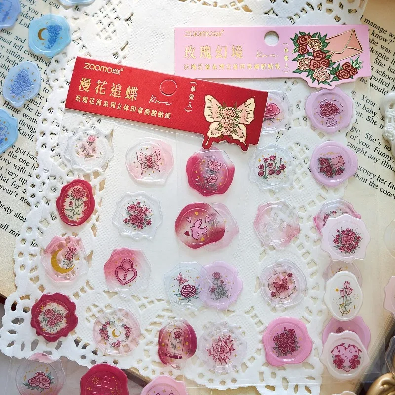3D Stereo Fire Paint Stickers Rose Sea Series Self-adhesive Decals for Handbook DIY Envelope Seal Letter Decoration