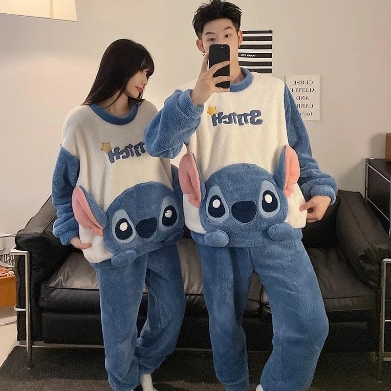 Pijamas de pareja de dibujos animados de Disney, pijamas de invierno de felpa Coral con cuello redondo y pantalones de manga larga, conjunto de dos