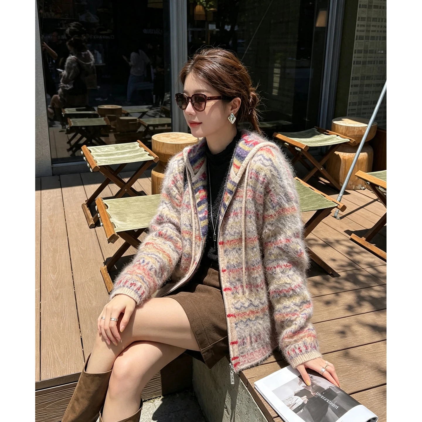 Autumn And Winter New Knitted Loose Women's V-neck Color Matching Diamond Sweater 100%Wool Coat Cardigan