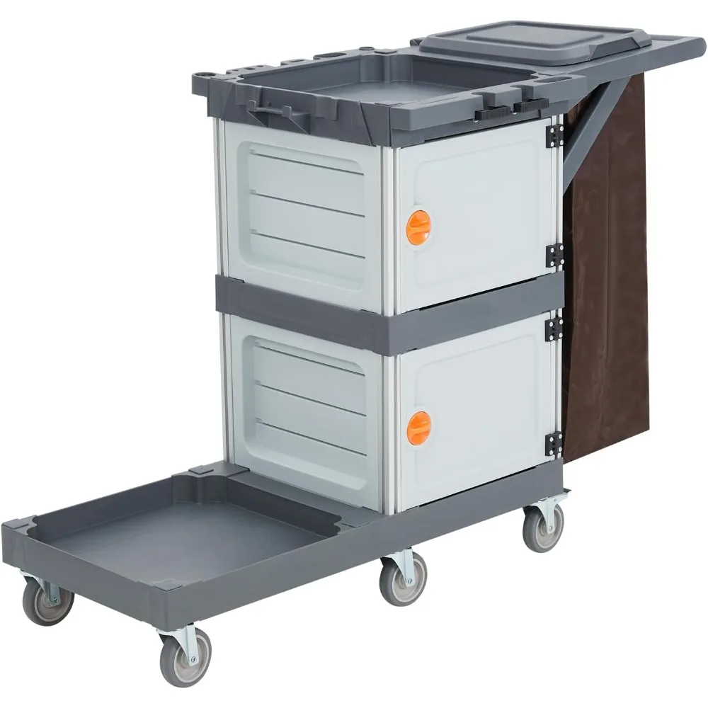 Commercial Janitorial Cart with 2 Cabinet - Black Housekeeping Caddy with Cover, Shelves, and Vinyl Bag