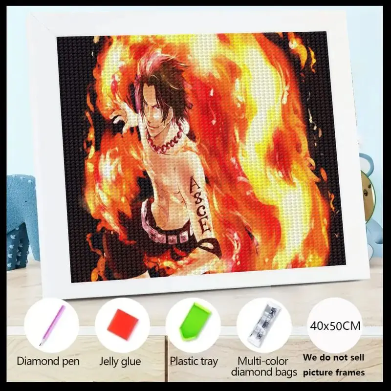 

1 шт. 5D Full Drill Diamond Painting Kit, One Piece Portgas D. Ace Fire Аниме Персонаж Art, DIY Crystal Gem Craft Set, Яркий и