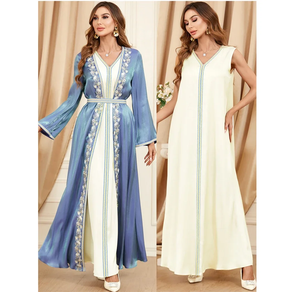 Two Pieces Abaya Set Women Long Dress Eid Mubarak Muslim Moroccan Caftan Arabic Dubai Jalabiya Ramadan Kimono Djellaba Vestidos