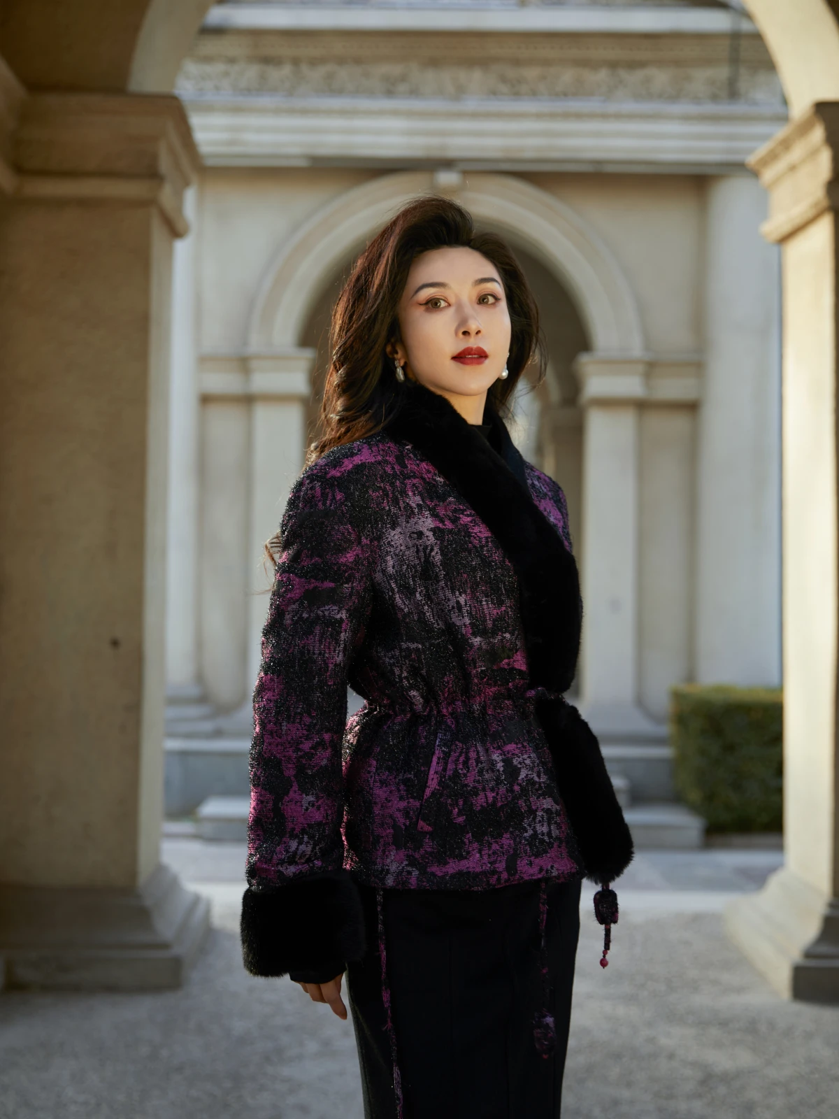 

Xuan ng Ji Zhongi Woolen down Jaet Removable Inner Mink Collar Printed Design Commute Sle Long Sve Coat
