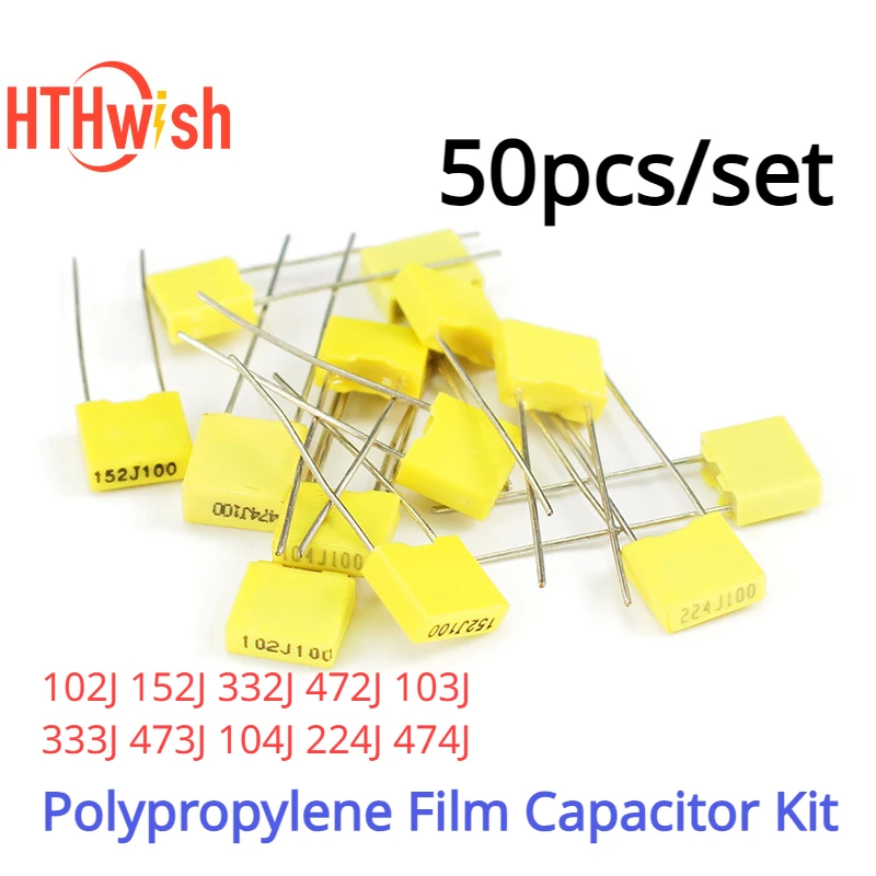 50PCS 102J~474J Polypropylene Film Capacitor Kit 100V Capacitor Assorted Kit 102J 152J 332J 472J 103J 333J 473J 104J 224J 474J