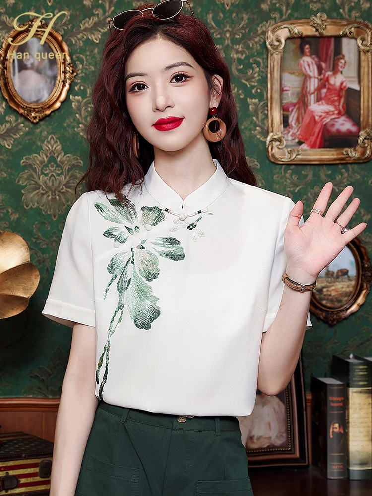 H Han Queen Summer Female Blouses Fashion Embroidery Short Sleeve Shirt Korean Casual Blouse Japanese Vntage Clothes Women Top