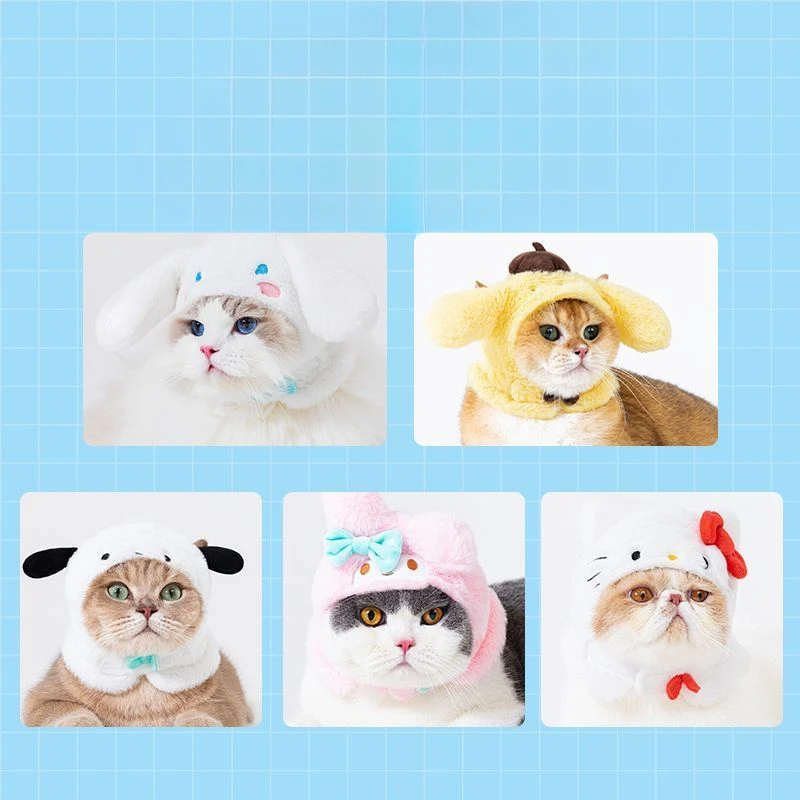 Sanrio Hello Kitty Pompom Cinnamoroll Sam Sullivan Kawaii Anime Cartoon Plush Doll Pet Head Cover Decorative Cat Dog Accessories