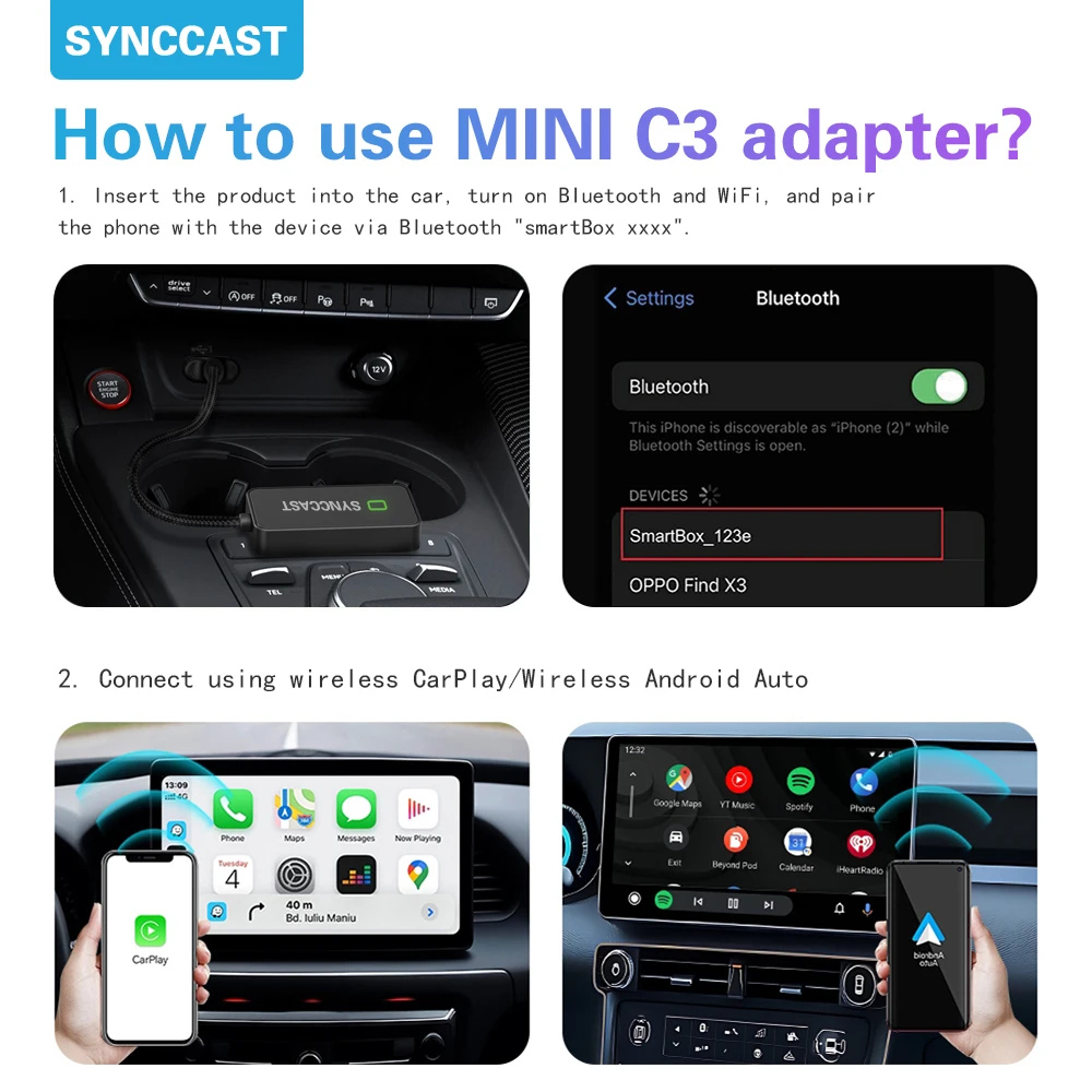 SYNCCAST Mini C3 2 in 1 Wireless CarPlay Android Auto Car Wireless Adapter for Original OEM Wired CarPlay Wired Android Auto