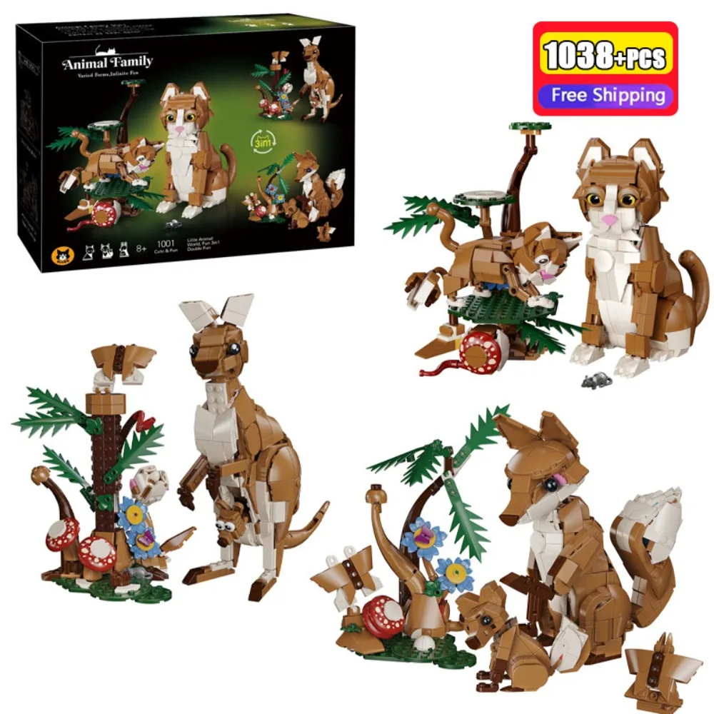 1038PCS 3-in-1 Animal Building Blocks Set DIY Creative Construction Toy With Cat Kangaroo Fox Model Kit Educational STEM Gift