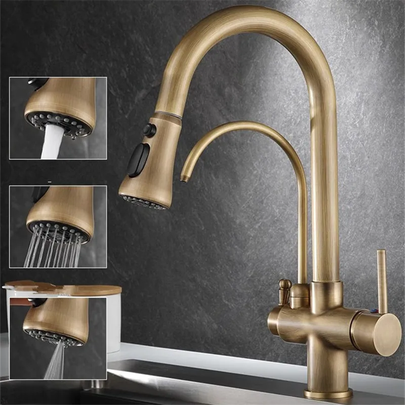 Antique Pull Out Kitchen Faucet Solid Brass Crane Kitchen Deck Mounted Water Filter Tap Sink Faucet Mixer 3 Way Kitchen Faucet