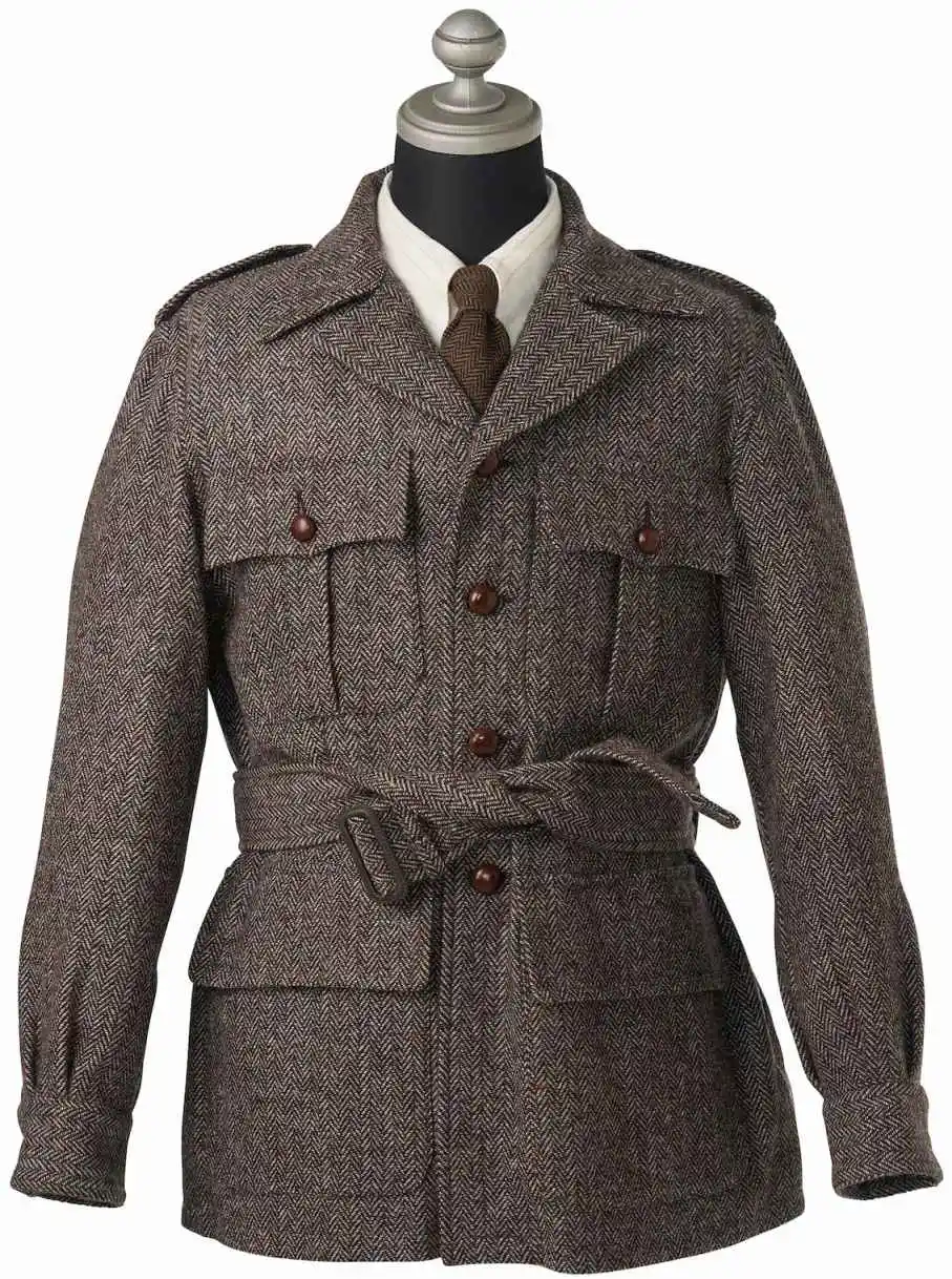 Classic Herringbone Tweed Mens Safari Jacket Lapel Collar Waist Belt Wool Apparel For Vintage Party Outdoor Activity Customized