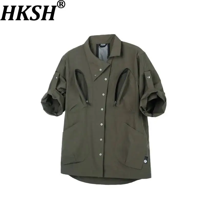 HKSH Spring Summer New Men Tide Dark Punk Diagonal-neck Button Short Sleeve Shirt Sand-washed Waterproof Chic Ins Shirts HK23508