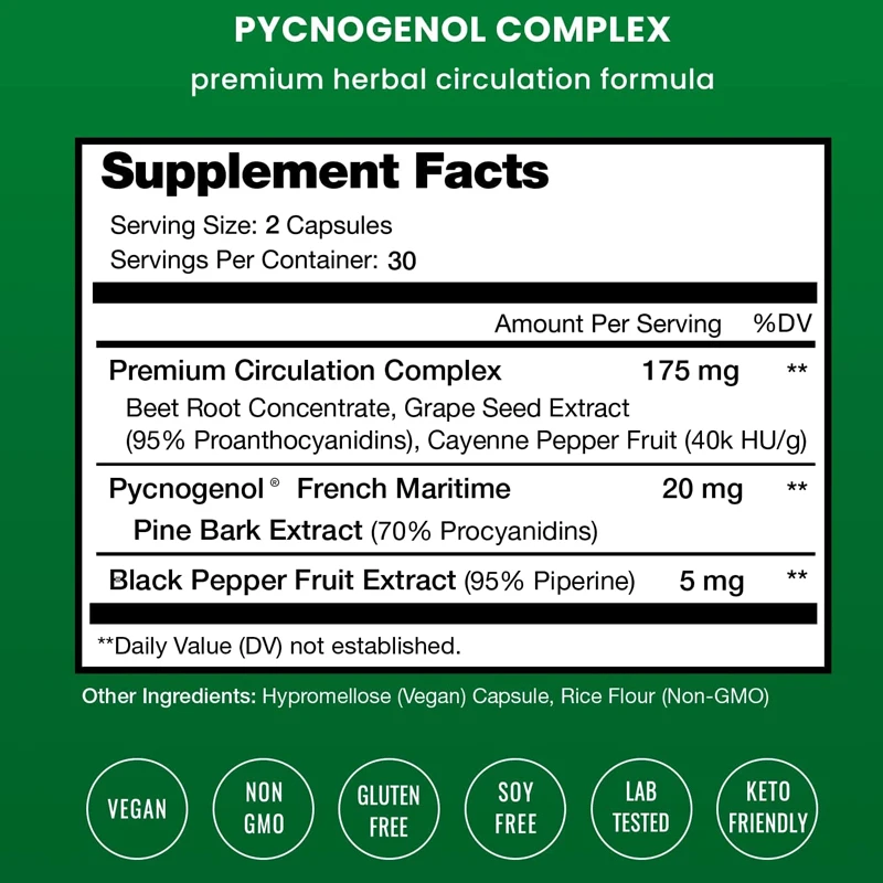 Pycnogenol French Ocean Pine Peel Extract, Pimenta Preta, Vegetariana, Não OGM, 60 Cápsulas